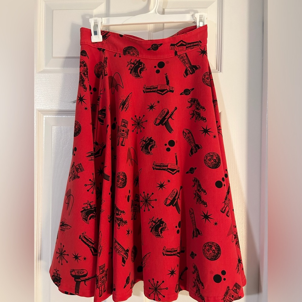 RockSteady Red Circle Skater Skirt with Black Space Print